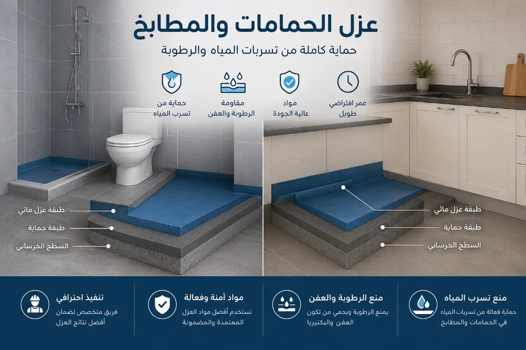 فريق ManzilCare ينفّذ عزل حمامات بالرياض — غشاء سائل وأشرطة زوايا قبل تركيب البلاط